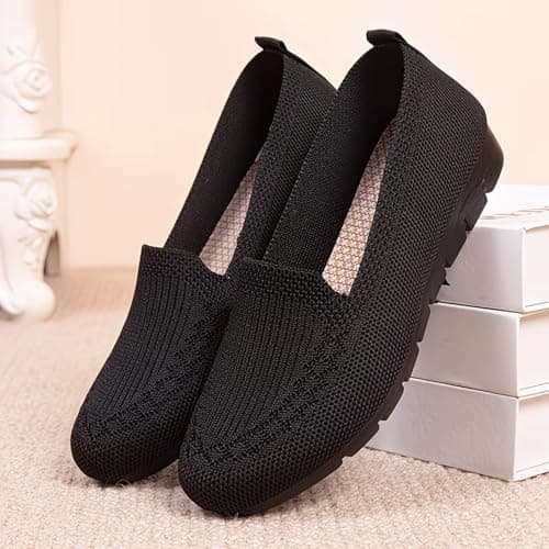 Boat Shoes Women Wide Fit Knitted Mesh Slip-On Flats Solid Color Breathable Low-Cut Casual Loafers with Soft Non-Slip Soles Lightweight Comfortable Walking Shoes for Everyday Wear Office Travel Black — view 4