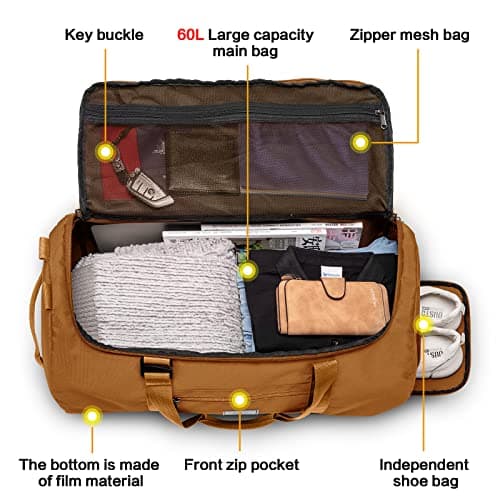 Lyweem Travel Duffel Bag for Men, 60L Large Sports Duffle Bag Backpack for Women Weekender Overnight Holdall Bags with Shoes Compartment Multifunctional Gym Bags, Brown — view 4