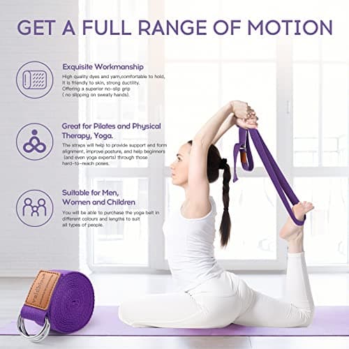 voidbiov D-Ring Buckle Yoga Strap 1.85 or 2.5M, Durable Cotton Adjustable Belt Perfect for Holding Poses, Improving Flexibility and Physical Therapy Dark Purple — view 6