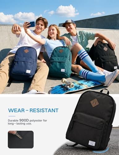 Kasgo 17.8L Lightweight School Backpack for Teens & Adults, Black — view 4
