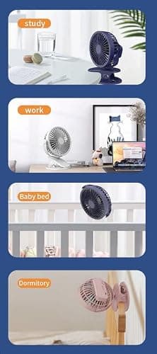AH® USB Desktop Fan, 3 Speed 360° Adjustable Portable Clip on Stroller with 1200mAh Rechargeable Battery - Powerful Airflow, 3D Spiral Blades, Brushless Motor for Home Office (White) — view 5