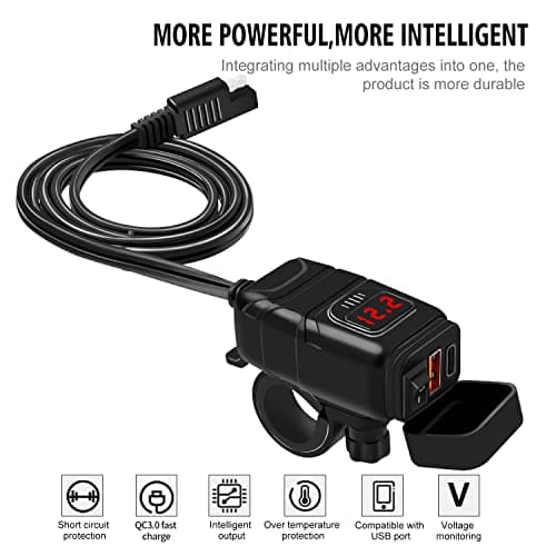 Kriogor Motorcycle Car Charger with QC 3.0 USB Socket and Type-C Port, IP65 Waterproof Dustproof Motorbike USB Adapter with 6-30V LED Voltmeter and On/Off Switch for 12V Boat Marine SUV (Red) — view 5