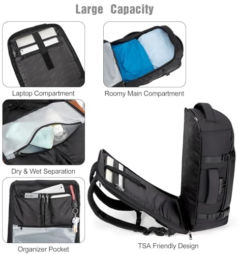 Tzowla Travel Laptop Backpack Cabin Size 40L Mens Womens,Carry on Large Capacity Anti Theft Backpacks for Travelling with USB Charging Port,Business Causal Daypack Bag Fits 17.3Inch Laptop,Black — view 3