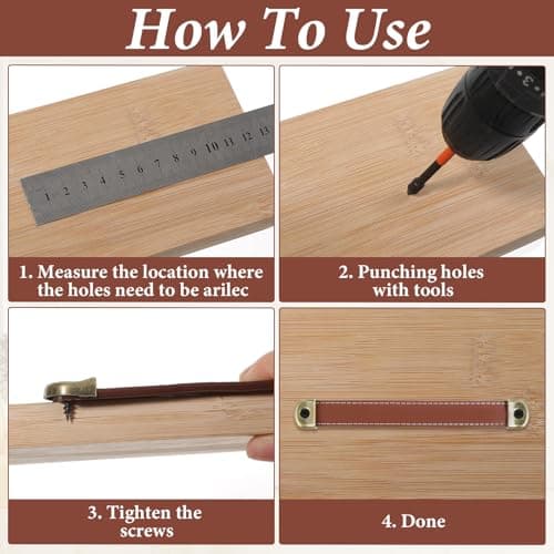 Larrel 2 Pcs Leather Drawer Pulls, Brown Leather Strap Handles with 4 Pcs Mounting Screws, Lightweight Leathers Luggage Handle for Trunk Suitcase Luggage Dresser Door — view 5
