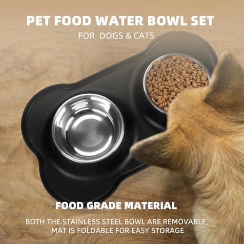 PET'S HUB Pet Feeding Bowl Set, Double Bowls with Silicone Mat Tray for Cats, Puppies, and Small Dogs. (Black, Small) — view 2