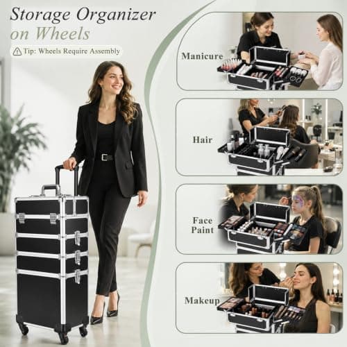 Professional Rolling Makeup Case with Wheels,Large Makeup Trolley on Wheels,4-in-1 Detachable Cosmetic Organiser Suitcase,Multi-Layer Storage for Cosmetics&Beauty Tools,Lockable Travel Beauty Trolley — view 3