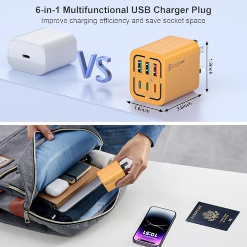 50W USB C Plug Fast Charge 6-Port Multi USB Charger Fast Charging Plug PD Power Adapter +QC Wall Plug Type C Charging for iPhone 16/15/14/13/12 Pro Max XS XR 8, Samsung Galaxy & iPad(Yellow) — view 6