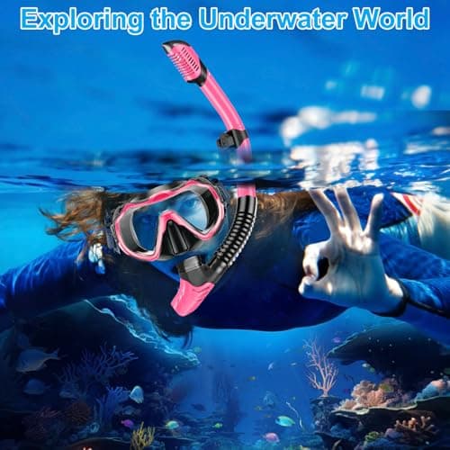 Snorkel Set Adults, Scuba Snorkelling Packages with Anti-Fog Panoramic View Swimming Goggles,Dry Snorkel Set Suitable for Snorkeling Diving Swimming (Pink) — view 6