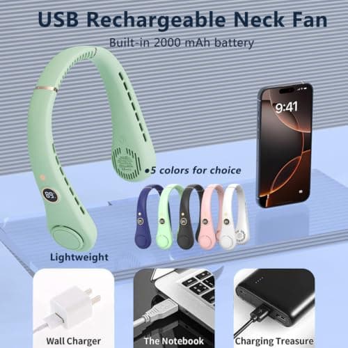 Bladeless Neck Fan, USB Rechargeable Hands-Free Portable Fans with LED Display, 5 Speeds Operated Adjustable 360° Airflow Cooling Wearable Fan for Men Women Sporting Travelling Working (Green) — view 6