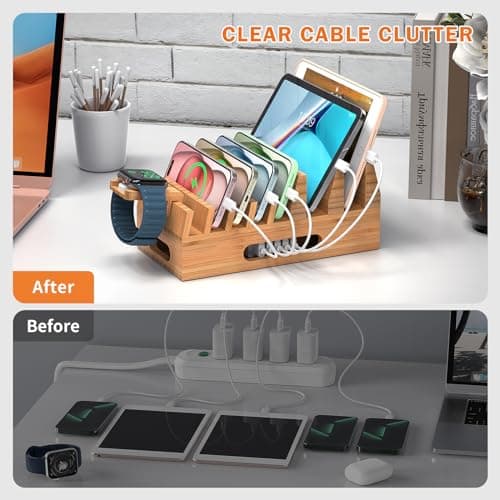 All In One Family Dock Station, Wooden Bamboo Charge Stand-Natural Bamboo — view 5