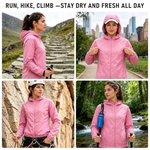 ADUDVLO Men's Lightweight Waterproof Jacket with Pockets, Packable Hooded Windproof Rain Jacket for Travel, Running & Hiking – Includes Carry Pouch (UK, Alpha, S, Regular, Regular, Pink) — view 2