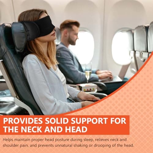 Marjoramy Travel Pillow for Airplane,Plane Pillow with 3D Eye Mask for Sleeping, 360°Support Airplane Head Strap for Long Flight,Stop Bobblehead, Travel Essential,Black — view 3