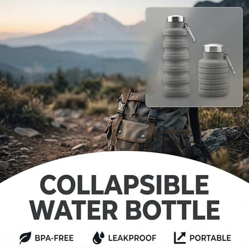 Gaomumu 500ML Collapsible Water Bottle, Silicone Travel Tumbler with Leakproof Cap, Foldable Gym Bottle with Carabiner Clip for Outdoor Sports, Hiking, Camping, Travel(Grey) — view 4