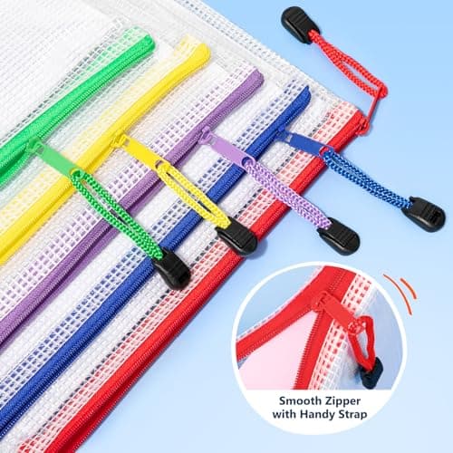 SUNEE Plastic Wallets A5, 12 Pack Mesh Zip Lock Document Wallets & File Bags, Waterproof Plastic Folders A5 for School, Office, Home and Travel Storage - 6 Colours — view 3