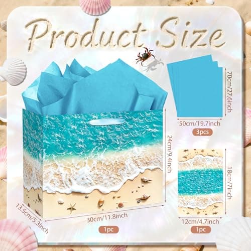 Beach Gift Bag with Tissue Paper and Card Summer Beach Goodie Candy Bags Seashell Blue Ocean Wave Summer Pool Party Favors Supplies for Holiday Birthday Wedding Luau Tropical Party — view 3