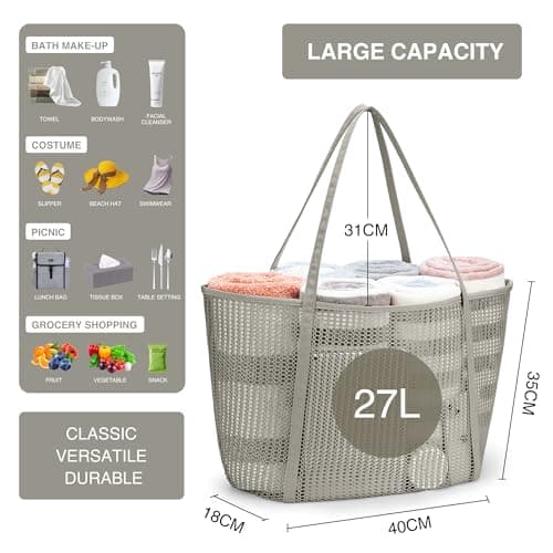 KALIDI FANCY FOREST Foldable Mesh Beach Bag with Zip, 27L Large Mesh Tote Bags for Women Ladies Summer Beach Tote Bag for Holiday Travel,Grey — view 3