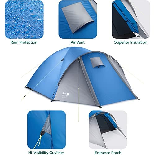 Trail Bracken 4 Man Tent With Porch, 3000mm Waterproof Rating, Double Skin Dome Tent with Darkened Bedroom, Lightweight for Camping and Festivals, Bag Included (360cm x 240cm x 130cm) — view 4