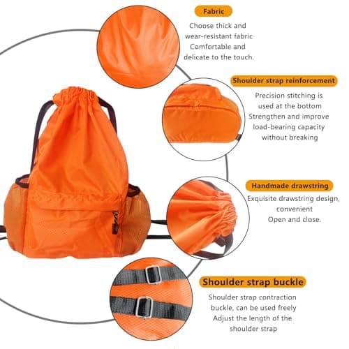 BAOWUABJ Drawstring Bags, Large Waterproof Sports Backpack Unisex Orange — view 3
