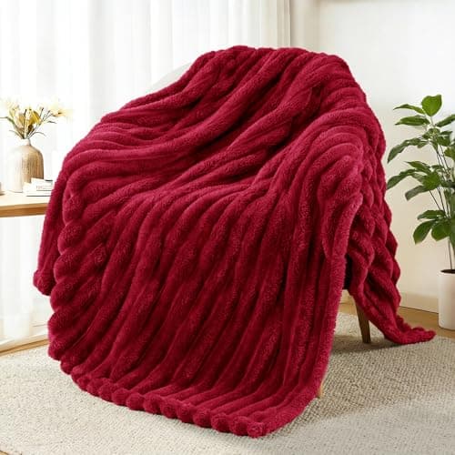 Exclusivo Mezcla Soft Striped Fleece Blanket, Deep Red Sofa Bed Throw