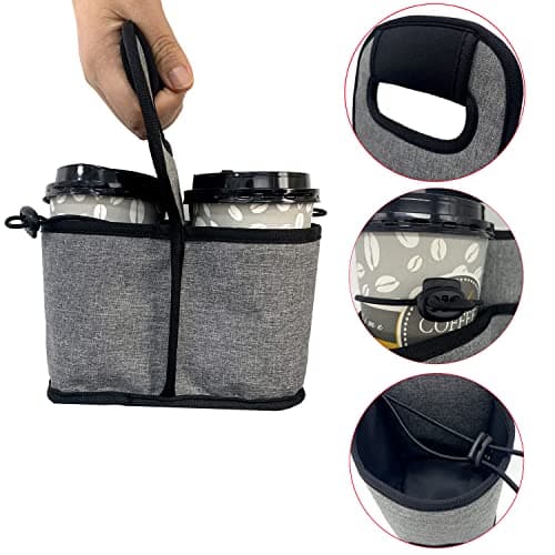 KOSTOO Portable Drink Carrier and Reusable Coffee Cup Holder for Hot or Cold Drinks, On-The-go Water Bottle Cup Caddy with Adjustable Elastic Fastening Strap, Gray (Gray-2 Pockets) — view 2