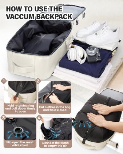 Vacuum Backpack Travel Bag With Pump,Large Travel Backpack for Women Men Wizz air/Easyjet/Ryanair 40x30x20 Underseat Hand Luggage Bag Carry On Cabin Size Flight Rucksack Fit 14/15.6 Inch Laptop Black — view 3