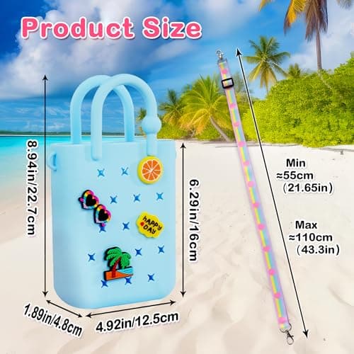 Oudizz Mini Rubber Tote Bag, EVA Waterproof Beach Tote for Little Girls And Woman, Silicone Hole Small Beach Tote for Travel Outdoor, Cute Rubber Beach Bag with 20 Charms & Adjustable Shoulder Strap — view 4
