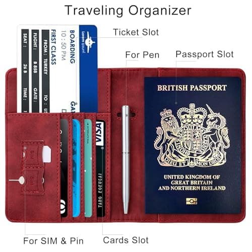 WALNEW Passport Holder, PU Leather Travel Passport Cover Wallet, RFID Passport Case with Card Holder, Travel Essentials for Women Men (Red) — view 4
