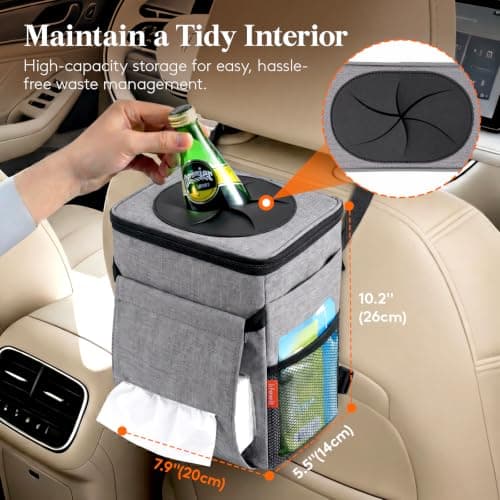 Lifewit Car Bin with Lid, Hanging Trash Bag with Tissue Holder, Grey — view 3