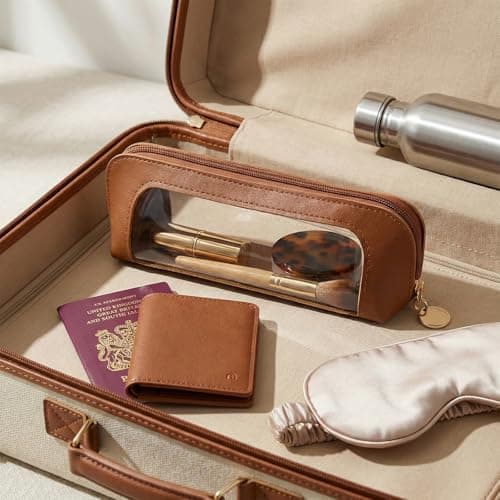 Brown Leather Makeup Bag with Clear Window - Small Cosmetic Case for Travel, Organizes Brushes, Pens & Beauty Tools in Compact Pouch, Textured Faux Leather, Gold Zipper, Rounded Ends, Portable Storage — view 4