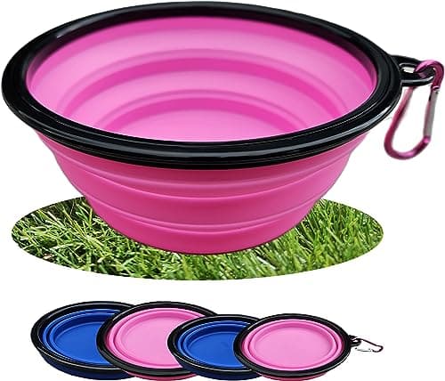 Collapsible Travel Dog Bowl Portable Large Or Small Pet Water and Food Feeding Bowl Outdoor Easy To Carry With Hook Blue or Pink (Pink Large)