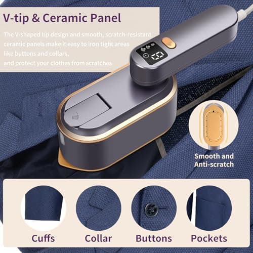 Travel Steamer for Clothes with LED Screen 2 in 1 Portable Iron, 3 Steam Levels & 150ML Water Tank, 10S Fast Heat-up, 1200W Powerful 180°Foldable Wrinkles Remover Steamer for Travel, Home (Purple) — view 4