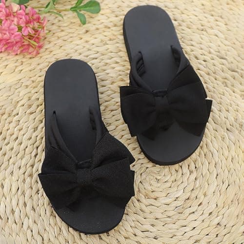 Flower Flip Flops Women Beach Slippers Size 8 Boho Open Toe Slip on Flat Sandals Summer Comfortable Yoga Mat Thong Sandals for Pool, Travel Vacation Slippers Bow Black Footwear Gift — view 3