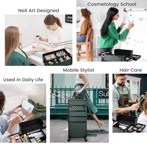 Professional 4-in-1 Large Makeup Trolley Beauty Cosmetics Vanity Organizer Rolling Make up Train Case Hairdressing Storage Box with Universal Wheels and Key Locks 4 Tiers (Dark Green) — view 3