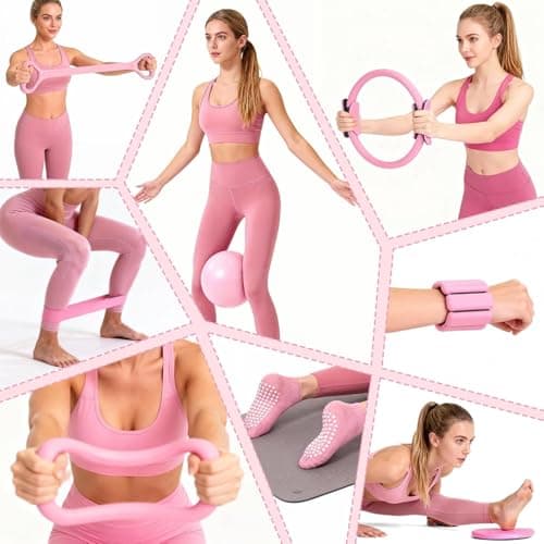 OMELYA Pilates Premium Full Set 23 pcs Pilates Equipment with Wrist Weights Pilates Essential Kit Yoga Kit Pilates Ring Mini Yoga Ball Resistance Bands Core Sliders Gift for Women (Pink) — view 2