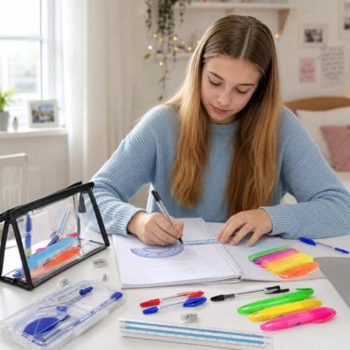 42PCS Back to School Stationery Sets, School Supplies Kit with Pencil Case, Notebook, Eraser, Sticky Notes, Pencil Sharpener, Compass Set, Highlighters, Pencils, Angle Ruler, Fountain Pens,Signing Pen — view 5