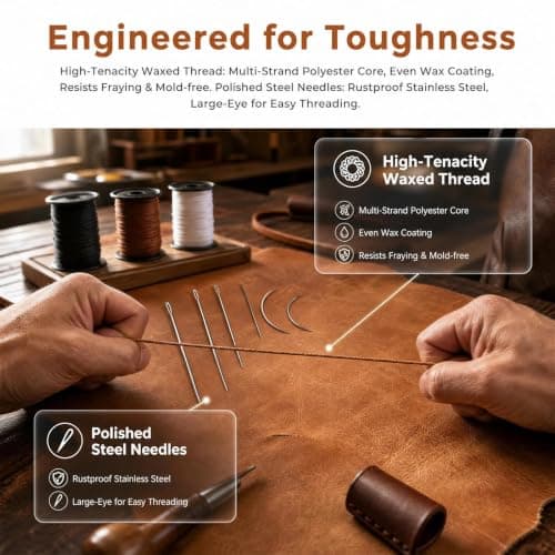 3 Pcs Heavy Duty Nylon Thread and Needle Kit, Strong Sewing Thread with 7 Large Eyes and Hand-Sewn Stitches for DIY Leather Hand Stitching, Canvas Repair, Upholstery, Carpet, Luggage, Outdoor Awnings — view 6