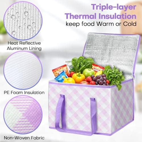 Beautyshow Cool Bag, 40L Large Insulated Bag, Reusable Grocery Shopping Bags with Classic Gingham Design, Foldable Thermal Food Delivery Bags Soft Cooler for Picnic, BBQ, Camping, Beach, Travel, Auto — view 3