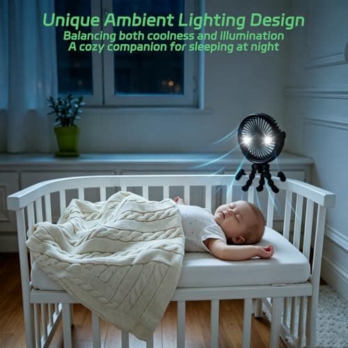 Mini Portable Pram Fan, Rechargeable Clip On Fan for Stroller with Night Light, 3 Speeds, 360° Rotate Flexible Tripod Cooling for Buggy, Pushchair, Car Seat, Travel Black — view 6