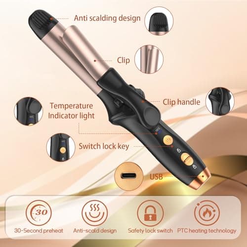 Cordless Curling Wand Mini Hair Curler, 25mm Curling Tong, Portable Travel Curling Tongs with 3 Temperature Heating Levels 150°C to 180°C Verbrühschutz for Long Short Medium Hair(Rose Gold & Black) — view 5