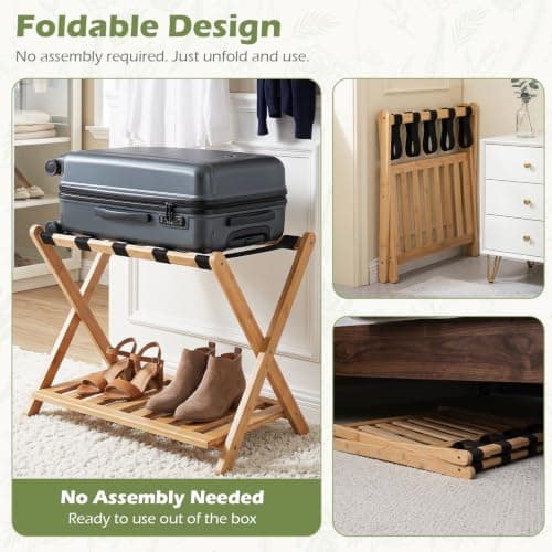 COSTWAY Bamboo Luggage Rack, Folding Suitcase Stand (Natural+Black, 1PC) — view 3
