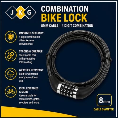 JKG Combination Bike Lock - 4 Digit 8mm PVC Coated Steel Bicycle Cable Lock — view 2