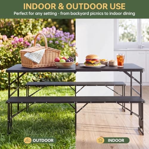 Aoxun Foldable Camping Table & Folding Picnic Table Set–Portable Fold Up Table with 2 Benches,Metal Frame,178x66x74cm Table & 160x25x40cm Benches,Ideal for Outdoor Garden Camping(Black) — view 4