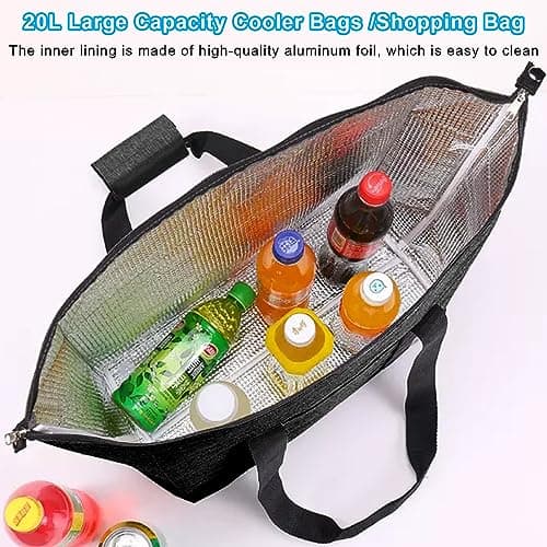 Fhioevt Foldable Cool Bag, 20-Litre Large Picnic Bag, Cooler Bags, Thermal Bag with Insulation Foldable, Insulated Cooler Bag for Camping, Picnic, Food Transport, Shopping (Black) — view 5