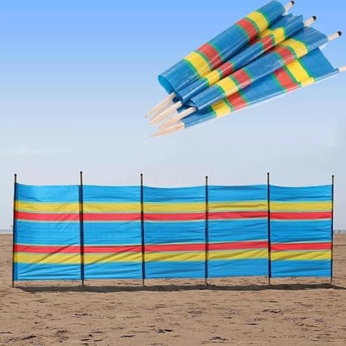 Multi Coloured Windbreak with Wooden Poles Outdoor Privacy Screen for Beach Camping Caravan Garden Travel Shelter Portable Barrier for Picnic Shade Unique Wind Protection Air Sun Partition (5 Poles) — view 6