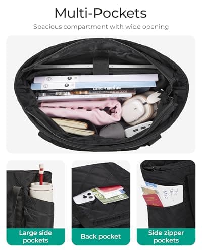 bagsmart Tote Bag for Women, Puffer Work Laptop Tote with Zipper, Multi-Pocket Travel Essentials Quilted Teacher Nurse Travel School Bag — view 3