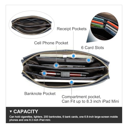 Contacts Leather Clutch with Combination Lock Men's Genuine Leather Phone Holder Zip Coin Key Travel Accessories Organizers Wallet Purse Anti-Thief Handbag, Blue — view 4