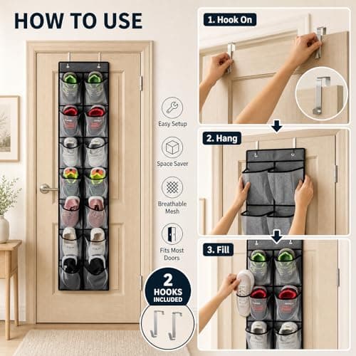 EXQUIMA Over Door Shoe Storage, Hanging Organizer with 14 Large Mesh Pockets and 2 Metal Hooks, 29x165cm, Breathable Non-Woven Fabric, Space Saving, Durable and Foldable, Ideal for Shoes, Toys,Closet — view 4