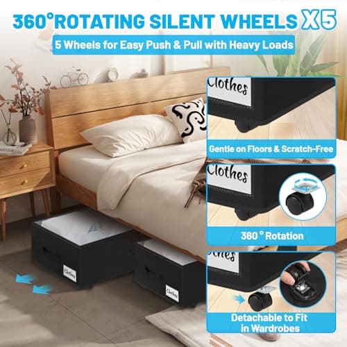 Kukikan Under Bed Storage on Wheels, 2-Pack 24 CM XXL 75L Rolling Under Bed Storage Bag with Zip, Simple Assembly Under Bed Storage Box with Lid & Label, Under Bed Drawers for Clothing, Shoes, Black — view 4