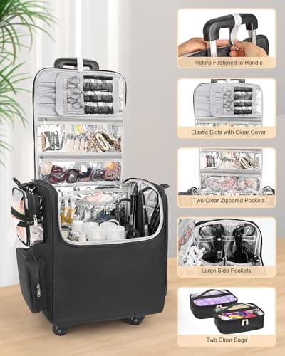 Relavel Rolling Makeup Train Case with 4 Wheels, Hairstylist Traveling Bag with Adjustable Dividers & Heat Insulation Full Layer, Hair Tools Cosmetics Storage Organizer Trolley Suitcase Makeup Cart — view 5