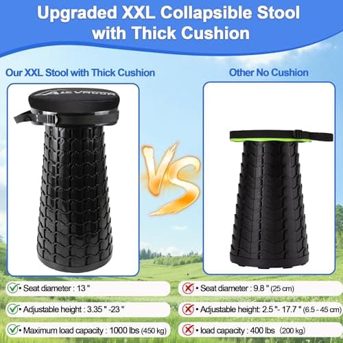 ALEVMOOM 2026 Upgraded XXL Collapsible Stool with Cushion & Bag, Higher 23.2"/59cm Heavy Duty Telescoping Stool Max Load 1000 lbs, Portable Retractable Folding Seat Chair for Camping Travel — view 4
